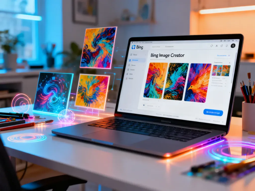 Nowoczesne stanowisko pracy z laptopem wyświetlającym interfejs Bing Image Creator oraz różnorodnymi grafikami AI.