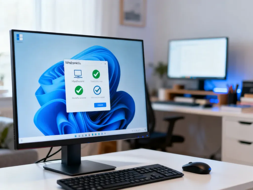 Nowoczesne stanowisko komputerowe z wyświetlonymi ustawieniami systemu Windows 11, sprawdzające kompatybilność sprzętową.
