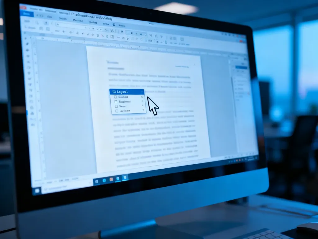 Monitor komputera z otwartym oknem edytora tekstu, na którym widoczne są ustawienia układu strony i wyrównywania tekstu.