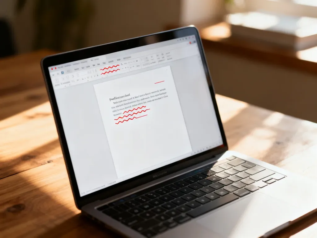 Ekran laptopa z czystym dokumentem tekstowym bez czerwonych podkreśleń, symbolizujący poprawnie sformatowany tekst.
