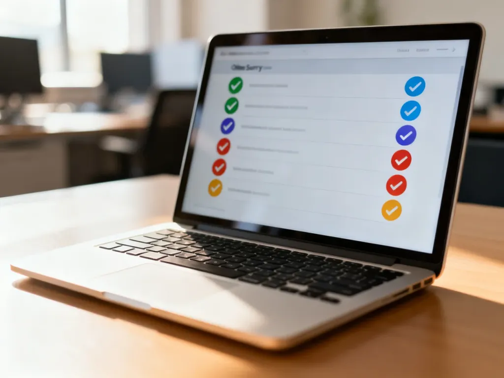 Ekran laptopa z otwartym formularzem ankiety Google z czytelnymi polami wyboru w profesjonalnym biurowym otoczeniu.