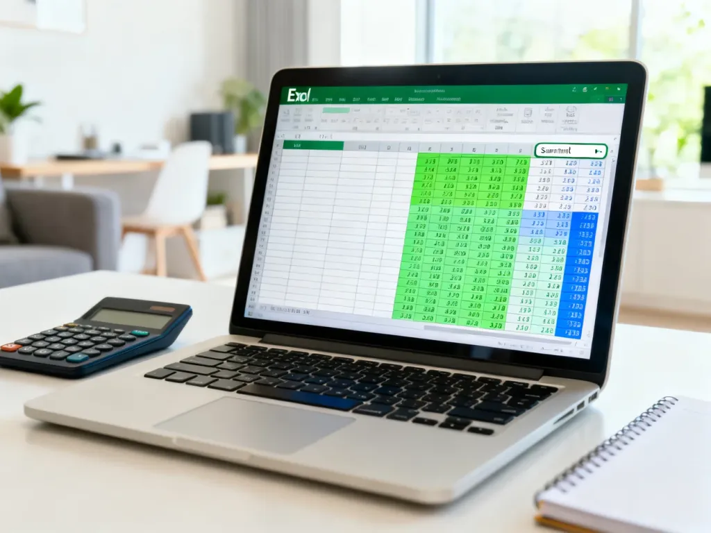Laptop z otwartym arkuszem kalkulacyjnym Excel, kalkulatorem i notatnikiem na biurku, ilustrujący proces obliczeń.
