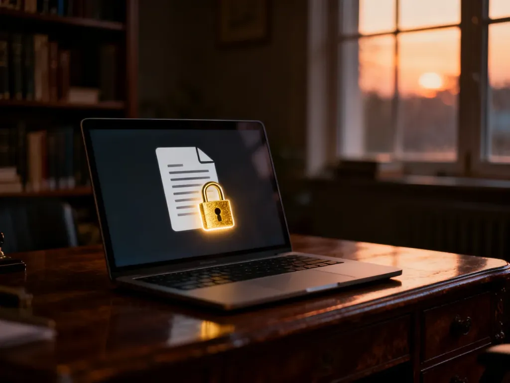 Złota kłódka na ekranie laptopa symbolizująca zabezpieczony hasłem dokument Word w przytulnym biurze.