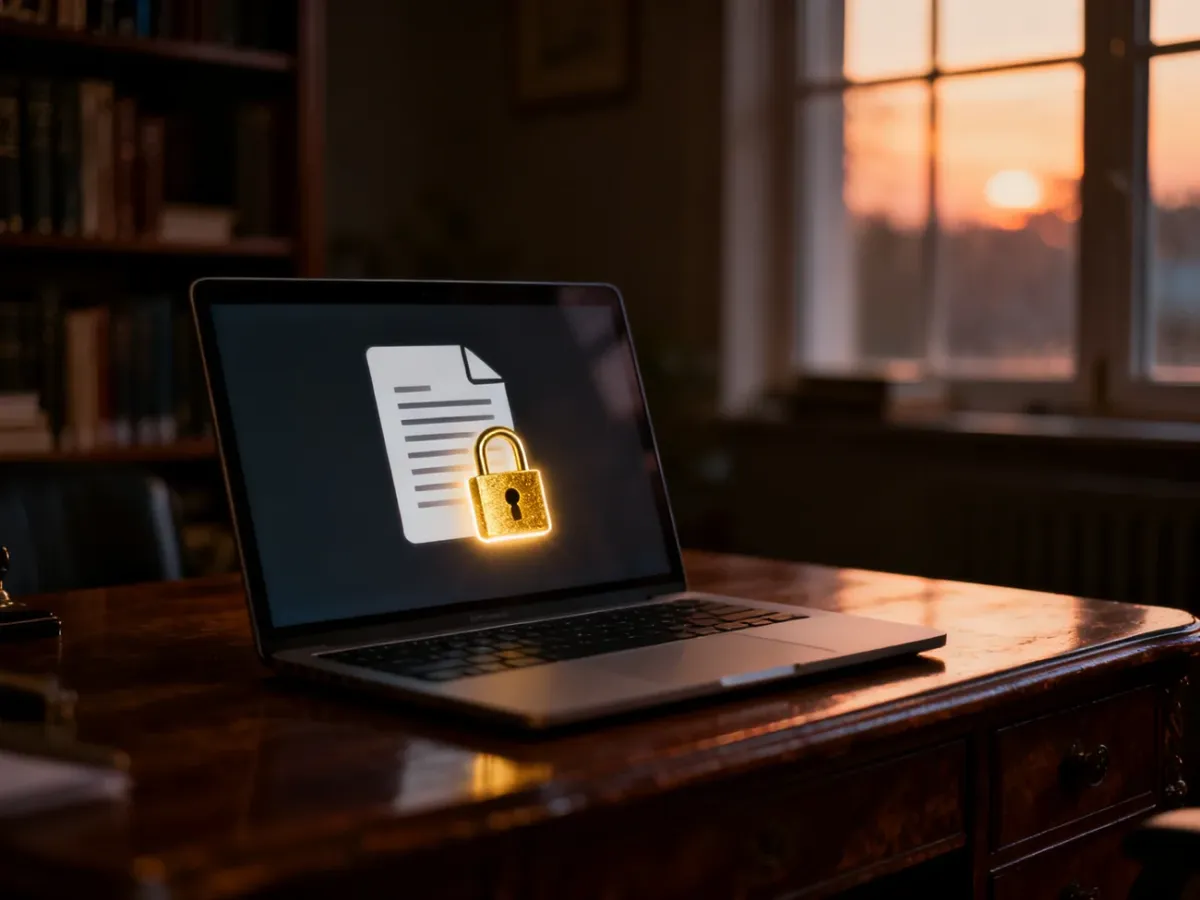 Złota kłódka na ekranie laptopa symbolizująca zabezpieczony hasłem dokument Word w przytulnym biurze.