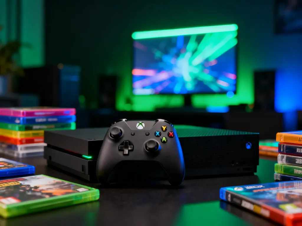 Nowoczesne stanowisko gracza z konsolą Xbox i kontrolerem w otoczeniu neonowego oświetlenia, zachęcające do odkrywania gier.
