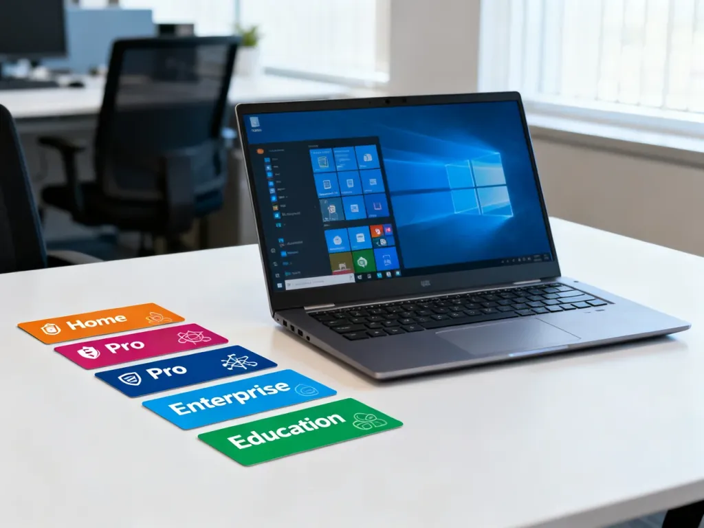 Nowoczesne stanowisko pracy z laptopem i kartami informacyjnymi porównującymi edycje systemu Windows 10.