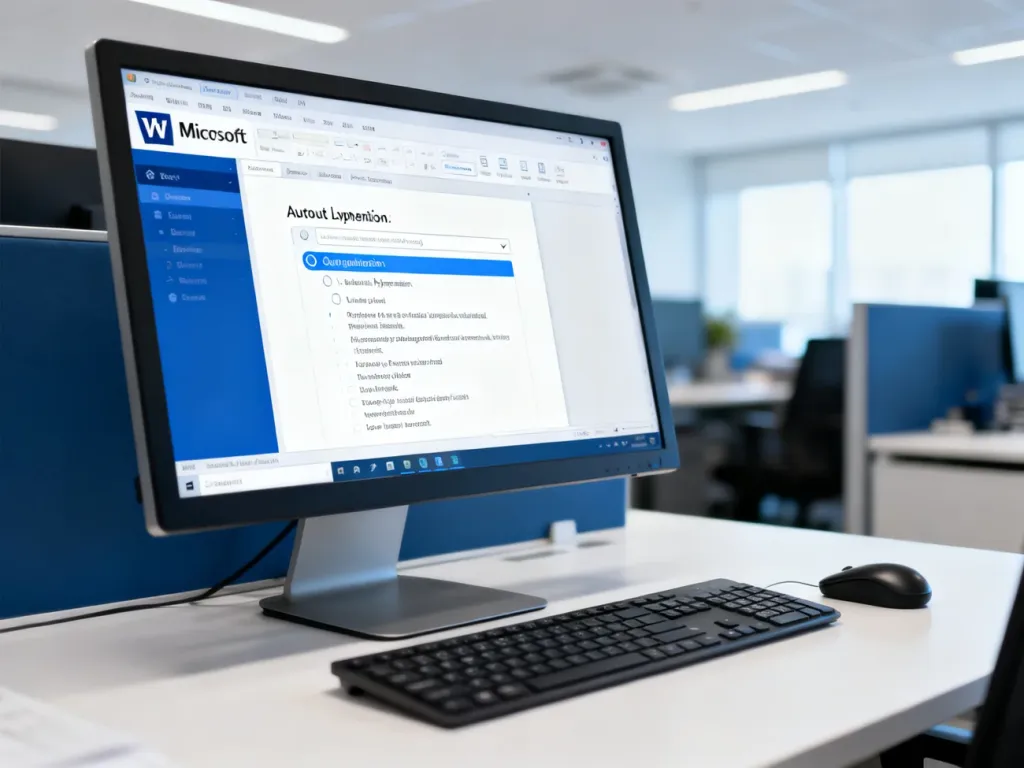 Ekran komputera z otwartym programem Microsoft Word i zaznaczoną opcją automatycznego dzielenia wyrazów.