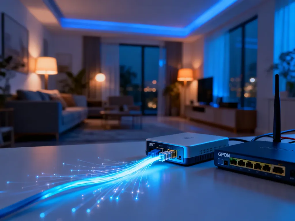 Nowoczesny zestaw GPON z kablem światłowodowym i routerem w domowym wnętrzu, ilustrujący działanie szybkiego internetu.