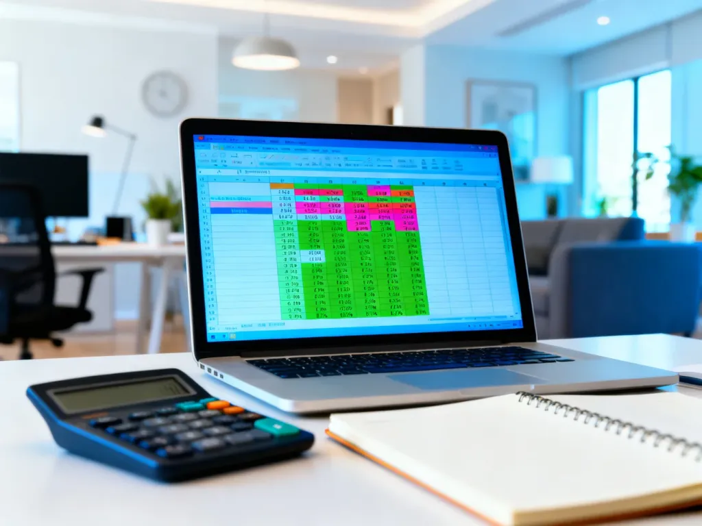 Laptop z arkuszem kalkulacyjnym i kalkulatorem na biurku, ilustrujący obliczanie procentów w programie Excel.