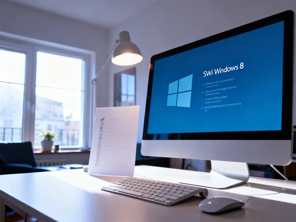 Nowoczesne stanowisko komputerowe z listą kontrolną wymagań systemowych Windows 8 na monitorze.