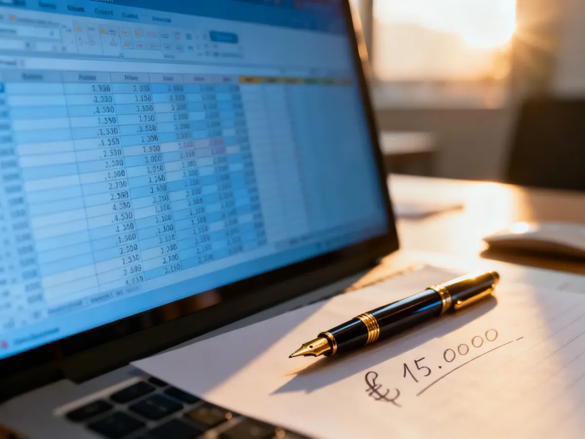 Arkusz kalkulacyjny Excel z danymi finansowymi oraz pióro z odręcznie zapisaną kwotą na biurku.
