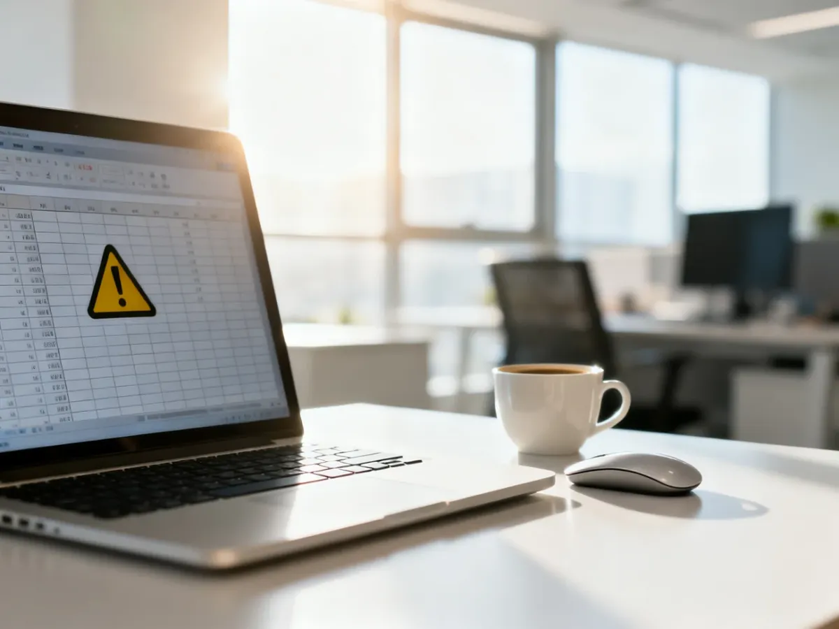 Nowoczesny laptop z otwartym arkuszem kalkulacyjnym i ikoną ostrzeżenia na biurku w biurze.